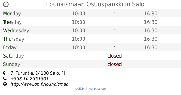 ? Lounaismaan Osuuspankki Salo opening times, 7, Turuntie, tel. +358 100  0500