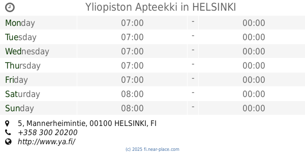 ? Yliopiston Apteekki HELSINKI opening times, 5, Mannerheimintie, tel.  +358 300 20200