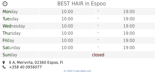 Beauty salon Espoo opening times. Beauty salon address. late night Beauty  salon Espoo