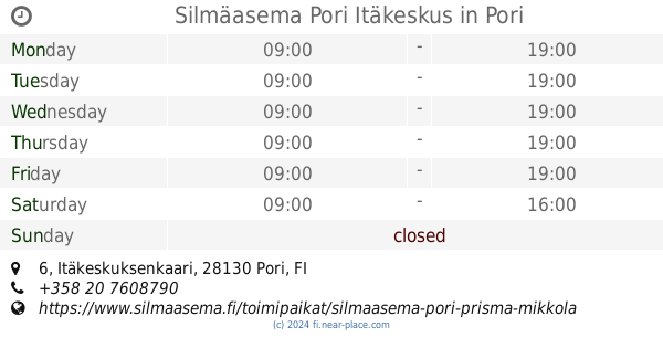 ? Silmäasema Pori, Prisma Mikkola Pori opening times, 6,  Itäkeskuksenkaari, tel. +358 20 7608790