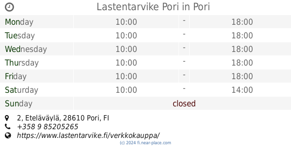? Lastentarvike Lilliputti Pori opening times, 8, Eteläväylä, tel. +358 2  6370811