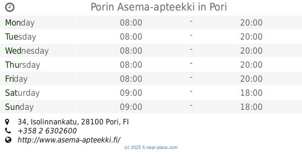 ? Porin II Maantiekadun Apteekki Pori opening times, 30, Maantiekatu, tel.  +358 2 6340400