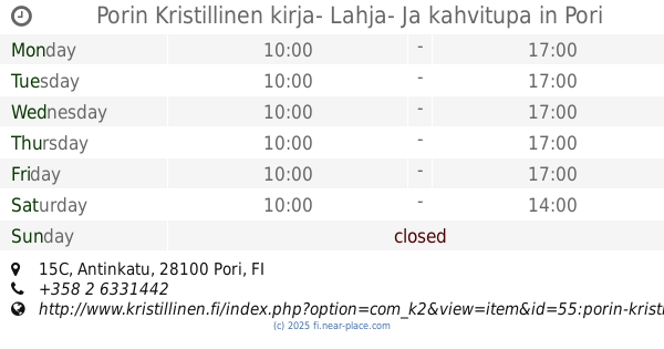 ? Porin Kirjakauppa Oy Pori opening times, 15, Antinkatu, tel. +358 2  61014000