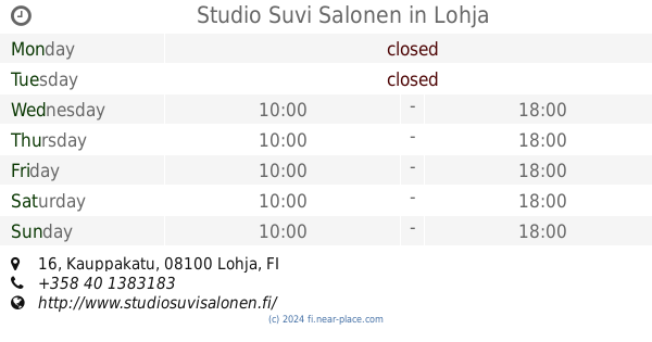 ? Studio Suvi Salonen Lohja opening times, 16, Kauppakatu, tel. +358 40  1383183