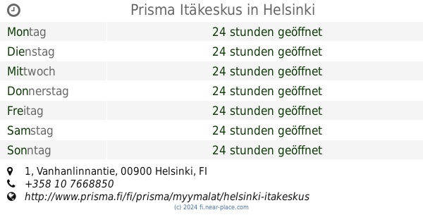 ? Prisma Itäkeskus Helsinki öffnungszeiten, 1, Vanhanlinnantie, tel. +358  10 7668850