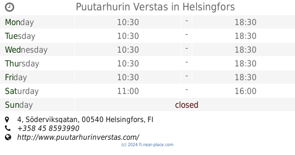 ? Puutarhurin Verstas Helsingfors opening times, 4, Söderviksgatan, tel.  +358 45 8593990