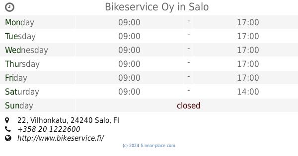 ? Bikeservice Oy Salo opening times, 22, Vilhonkatu, tel. +358 20 1222600