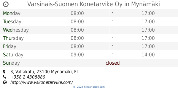 ? Varsinais-Suomen Konetarvike Oy Mynämäki opening times, 3, Valtakatu,  tel. +358 2 4308880