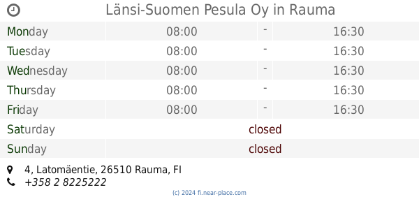 Rauman Pesuhaka Oy Rauma opening times, 19, Isometsäntie, tel. +358 2  8232908