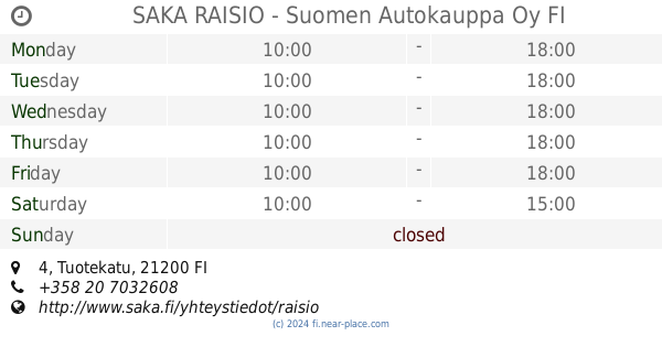 ? SAKA RAISIO - Suomen Autokauppa Oy Raisio opening times, 4, Tuotekatu,  tel. +358 20 7032608