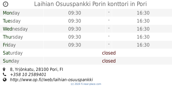 ? Säästöpankki Puuvilla, Pori Pori opening times, 14, Siltapuistokatu,  tel. +358 10 8415800