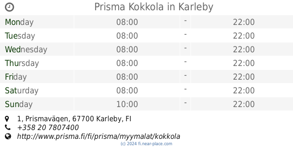 Prisma Kokkola Kokkola opening times, 1, Prismantie, tel. +358 20 7807400