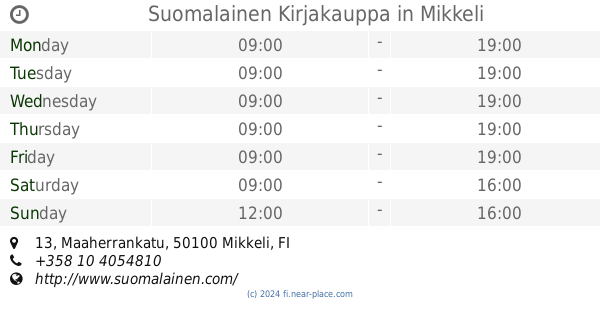 ? Suomalainen Kirjakauppa Mikkeli opening times, 13, Maaherrankatu, tel.  +358 10 4054810