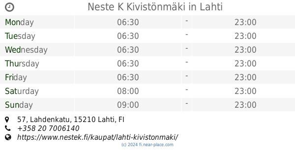 ? Neste K Kivistönmäki Lahti opening times, 57, Lahdenkatu, tel. +358 20  7006140