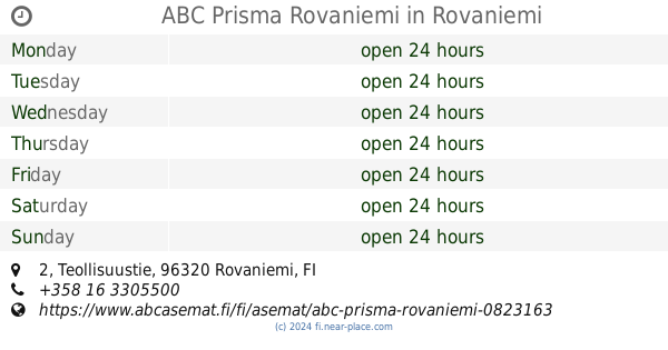 ? ABC Prisma Rovaniemi Rovaniemi opening times, 2, Teollisuustie, tel.  +358 16 3305500
