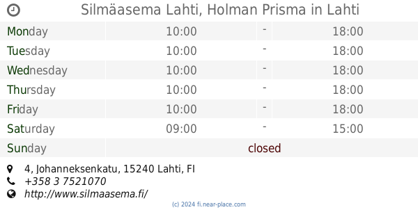 ? Silmäasema Lahti, Holman Prisma Lahti opening times, 4, Johanneksenkatu,  tel. +358 3 7521070