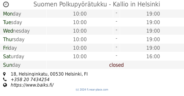 ? Suomen Polkupyörätukku - Kallio Helsinki opening times, 18,  Helsinginkatu, tel. +358 20 7434254