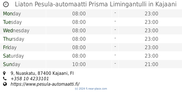 ? Liaton Pesula-automaatti Kajaani opening times, 1, Veturitie, tel. +358  10 4233101