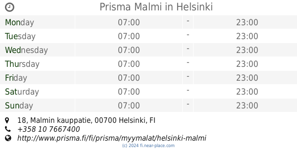 ? Prisma Malmi Helsinki opening times, 18, Malmin kauppatie, tel. +358 10  7667400