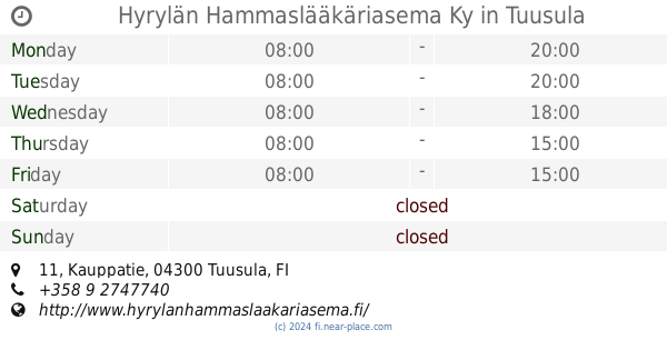 ? PlusTerveys - Hyrylän Hammas opening times, tel. +358 9 2755655