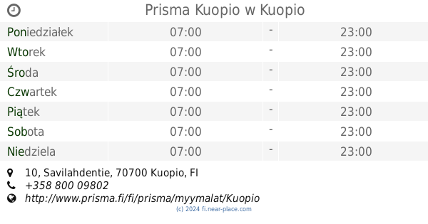 ? Prisma Kuopio Kuopio godziny otwarcia, 10, Savilahdentie, tel. +358 800  09802